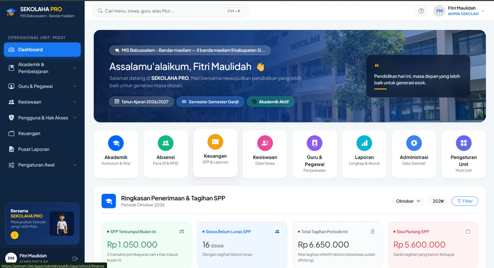 Tampilan utama SEKOLAHA PRO